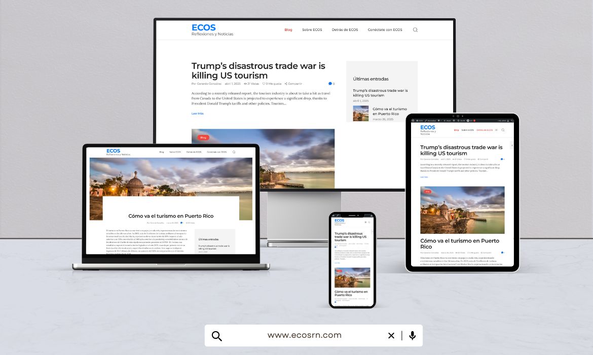 Mockup del blog ECOS Reflexiones y Noticias mostrando artículos en versión responsiva en computadora, tableta y smartphone.