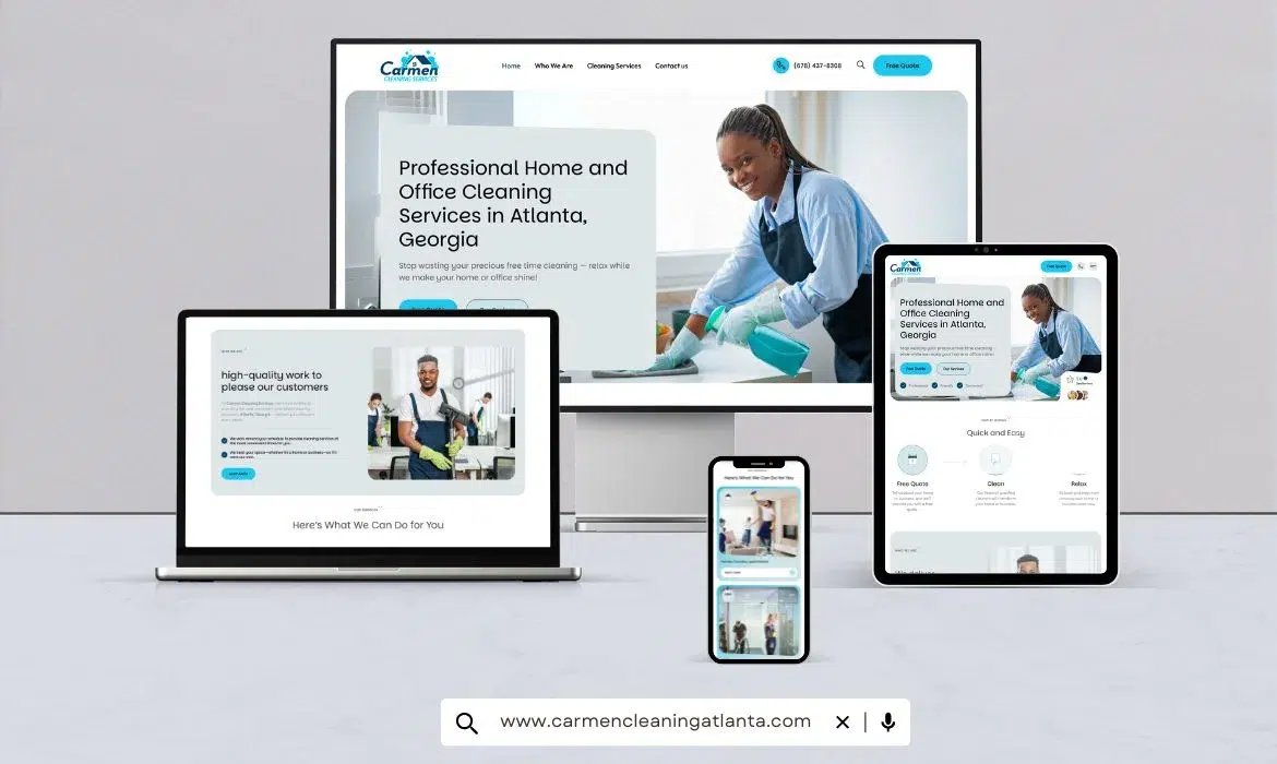 Mockup del sitio web Carmen Cleaning Services con diseño responsivo mostrado en computadora portátil, tableta y smartphone.