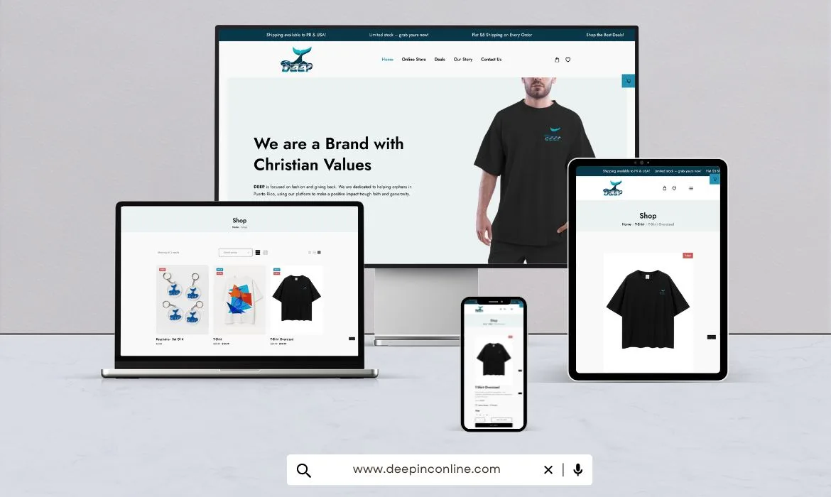 Mockup del sitio web de tienda de ropa Deepinc en Puerto Rico mostrando productos en computadora, tableta y smartphone.