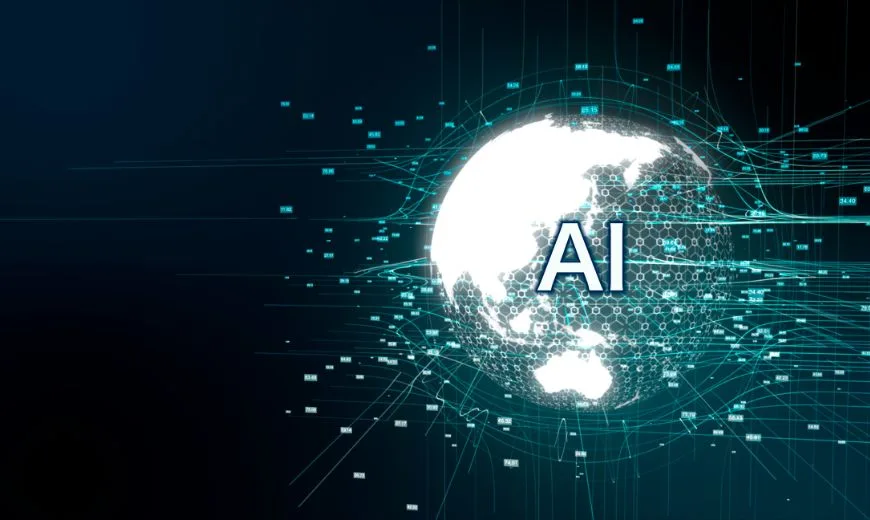 Representación digital del globo terráqueo con conexiones y la palabra ‘AI’, simbolizando cómo la inteligencia artificial está transformando las páginas web.