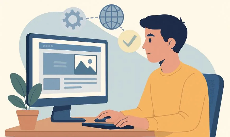 Ilustración de un hombre usando un ordenador con iconos de engranaje y globo, representando cómo elegir una empresa de diseño web.