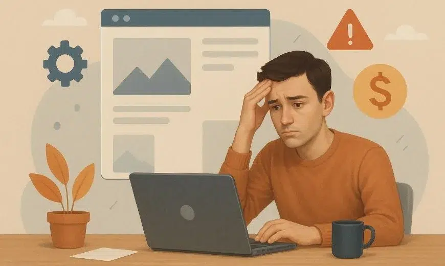 Ilustración de un hombre preocupado frente a un portátil con iconos de engranaje y símbolo de dólar, representando errores costosos en el diseño web.