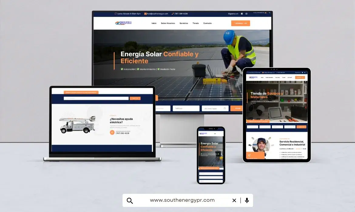 Mockup de la página web de South Energy PR mostrando un panel de energía solar y un diseño responsivo en computadora, portátil y smartphone.