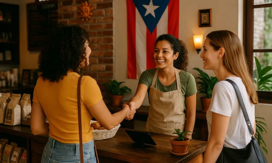 Tres mujeres sonrientes estrechan manos en un café con la bandera de Puerto Rico colgada al fondo.