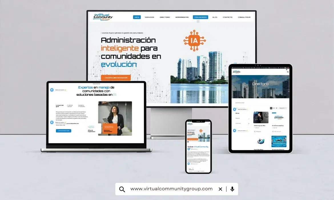 Mockup de la página web de virtualcommunitygroup.com que muestra la administración inteligente para comunidades en computadora, tablet y teléfono.