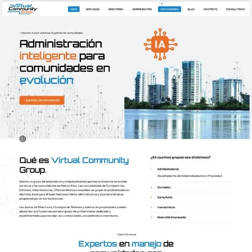 Miniatura de la página de inicio de virtualcommunitygroup.com mostrando la administración inteligente para comunidades en evolución.