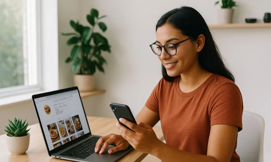 Mujer joven utilizando un smartphone y una computadora portátil para ordenar comida en línea.