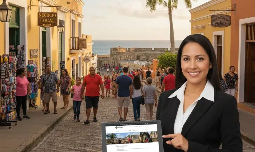 Empresaria sonriente sosteniendo una tableta con un sitio web en una calle histórica llena de turistas en Puerto Rico.