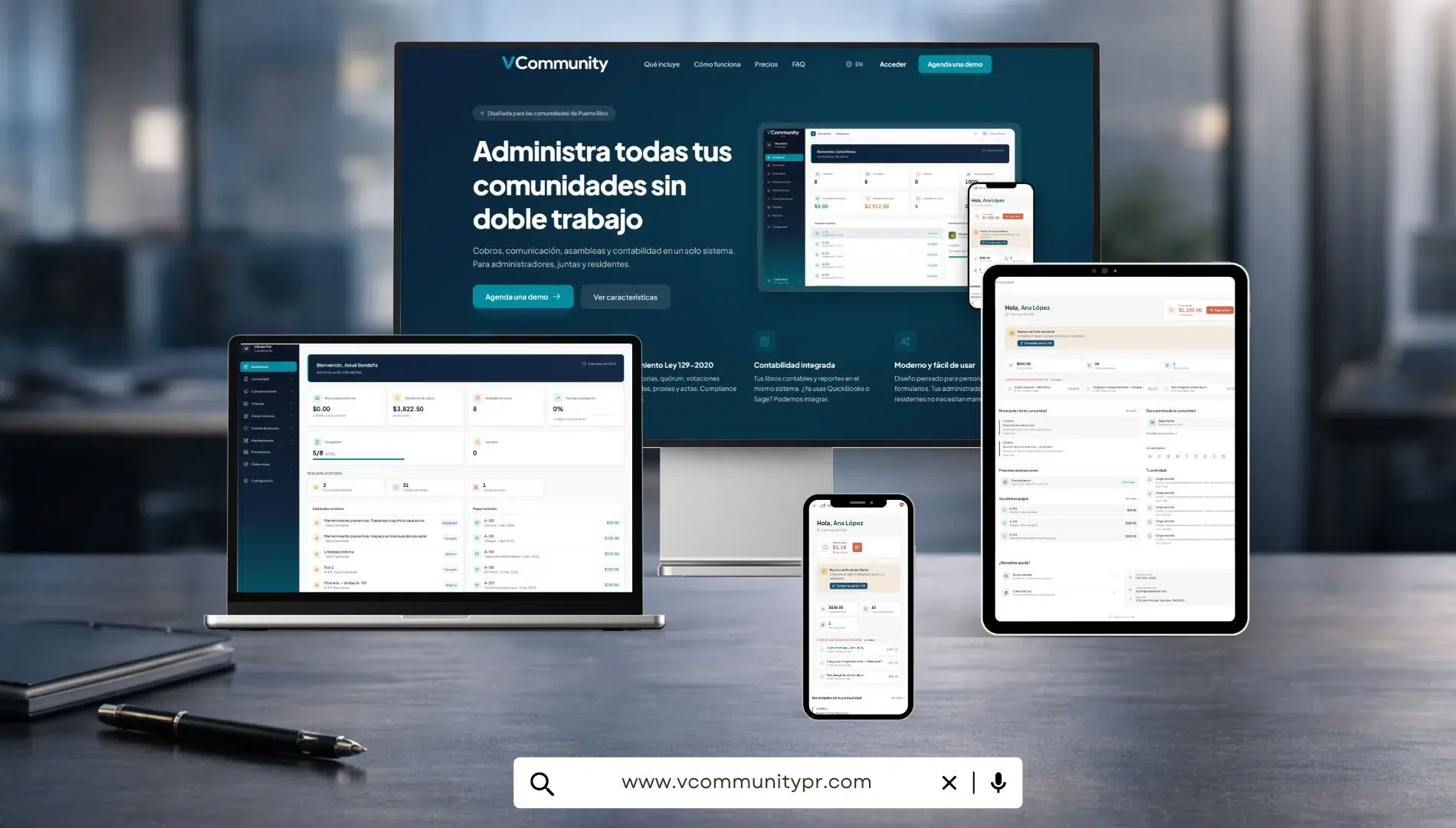 Landing page de venta de VCommunity, aplicación web para administración de condominios y HOAs en Puerto Rico