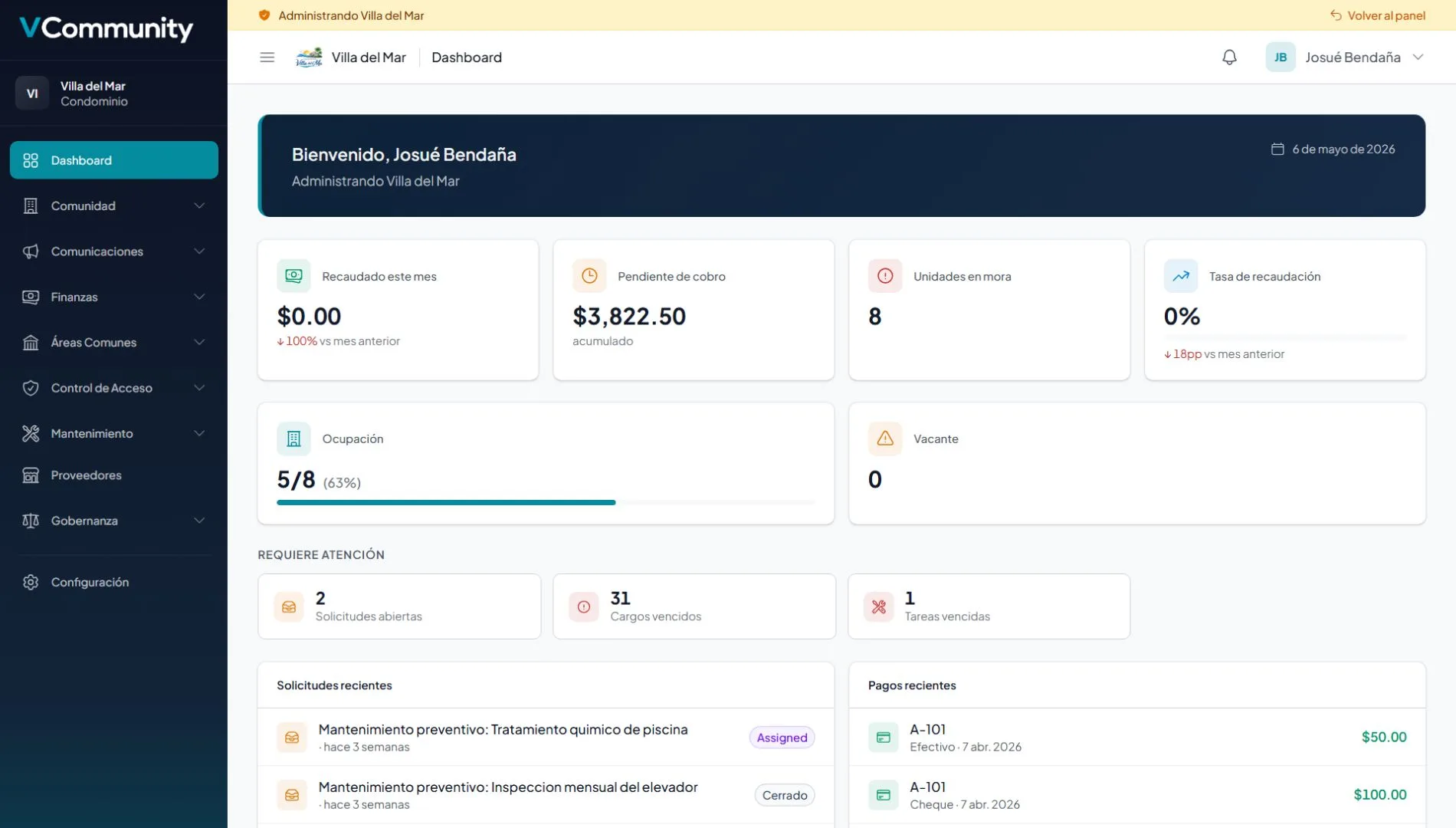 Panel de administrador multi-comunidad de VCommunity, app web para Puerto Rico con dashboard de gestión