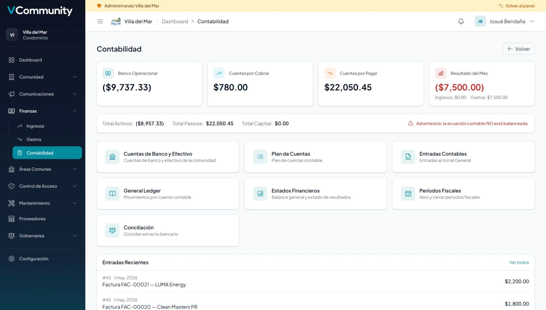 Panel de administrador multi-comunidad de VCommunity, app web para Puerto Rico con dashboard de gestión