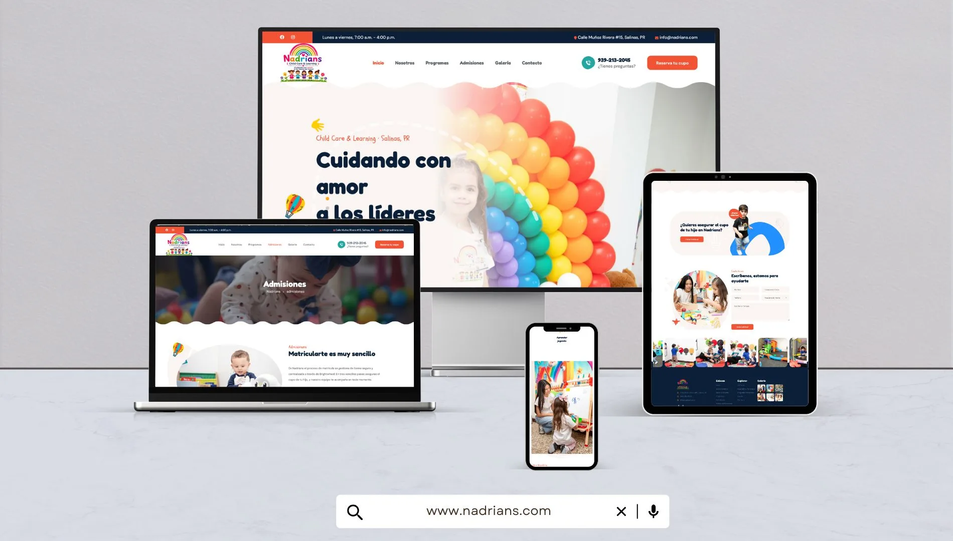 Página web de centro de cuido y aprendizaje infantil en Puerto Rico diseñada por JB Host & Web Design, vista en escritorio, tableta y móvil