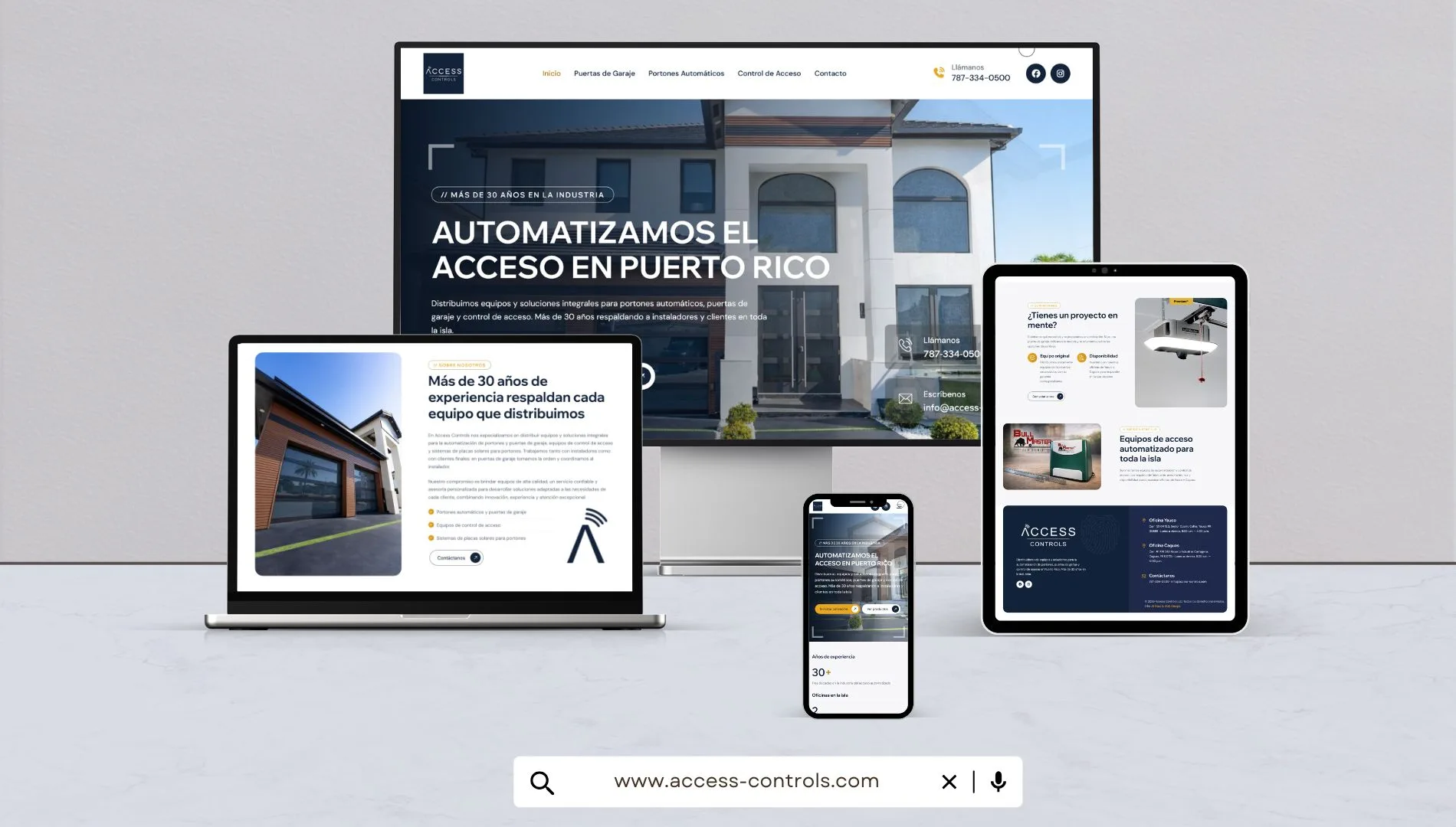 Página web de distribuidor de portones automáticos y puertas de garaje en Puerto Rico diseñada por JB Host & Web Design, vista en escritorio, tableta y móvil