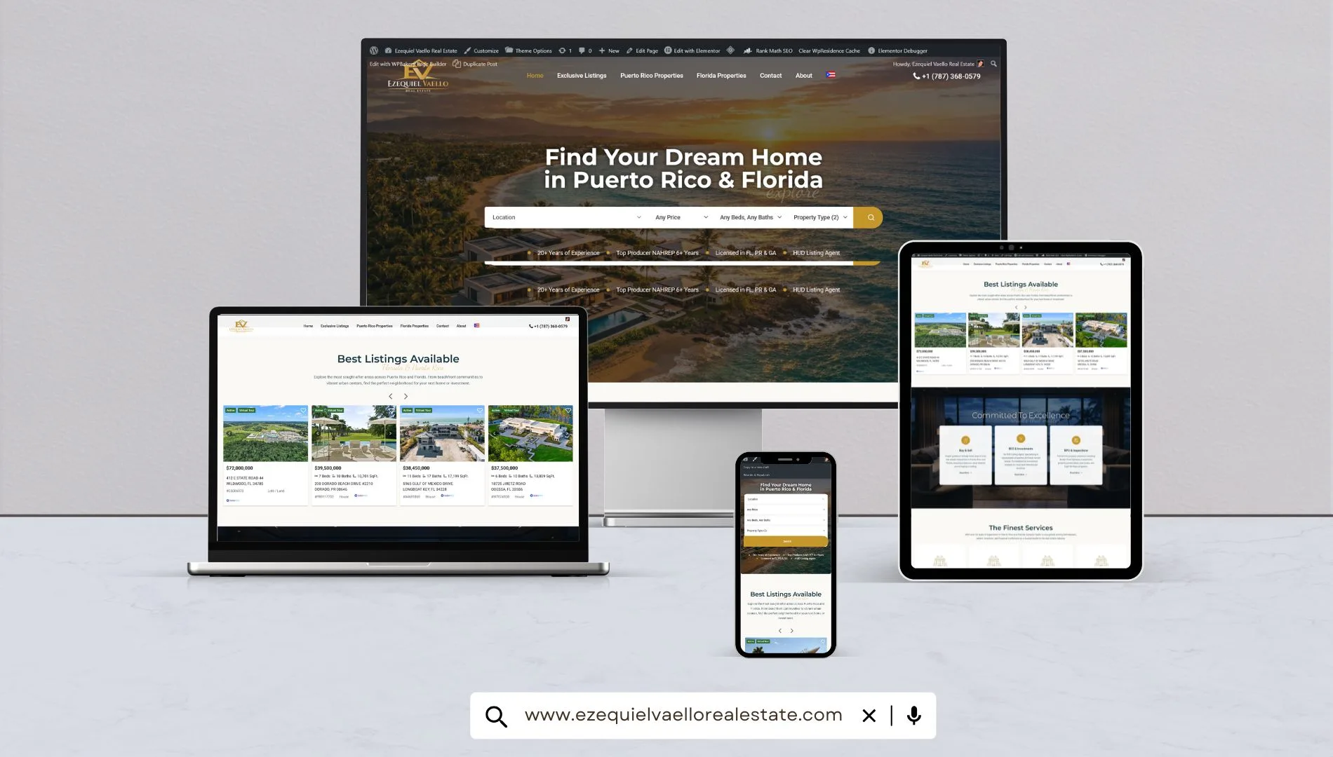 Página web inmobiliaria en Puerto Rico con buscador IDX diseñada por JB Host & Web Design, vista en escritorio, tableta y móvil