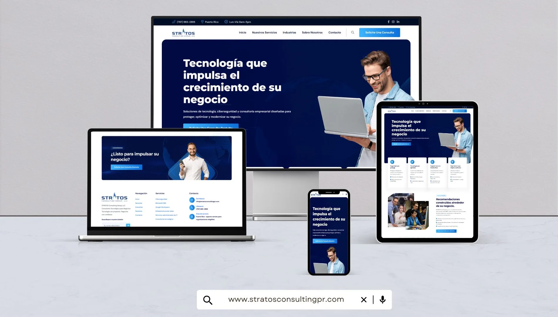 Página web de consultoría tecnológica en Puerto Rico diseñada por JB Host & Web Design, vista en escritorio, tableta y móvil